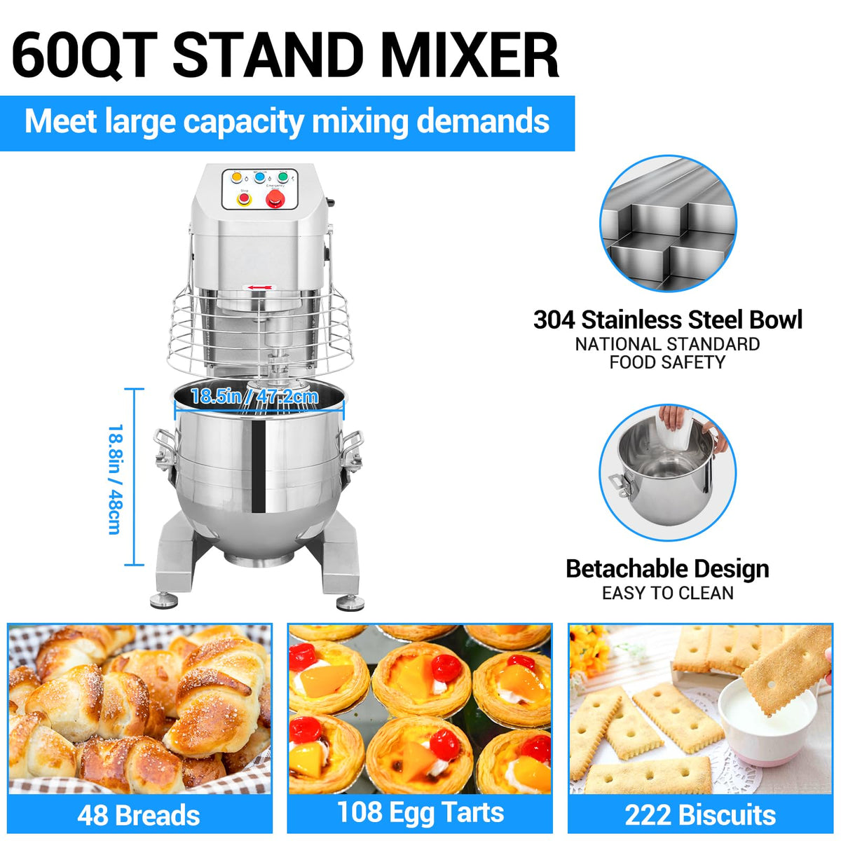 Ekway 60Qt 3500W Commercial Stand Mixer with 3 Speeds