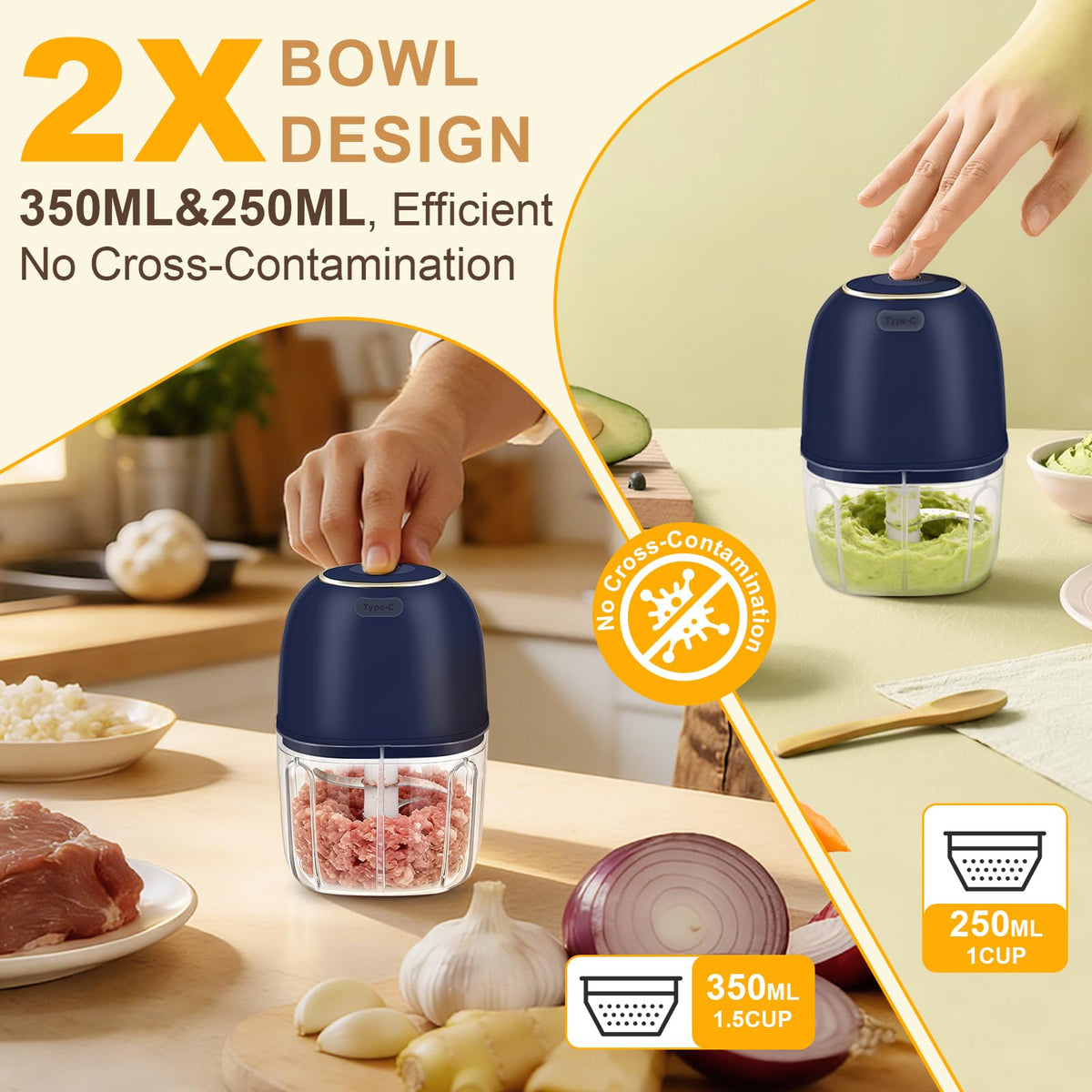 Electric Garlic Chopper with 2 Bowls for Meat & Vegetables