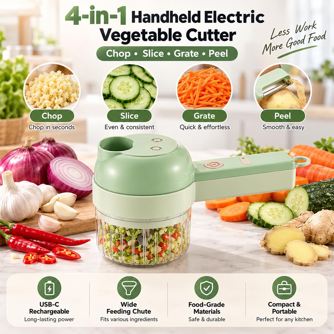 4-in-1 Wireless Electric Vegetable Chopper with Multi Blades