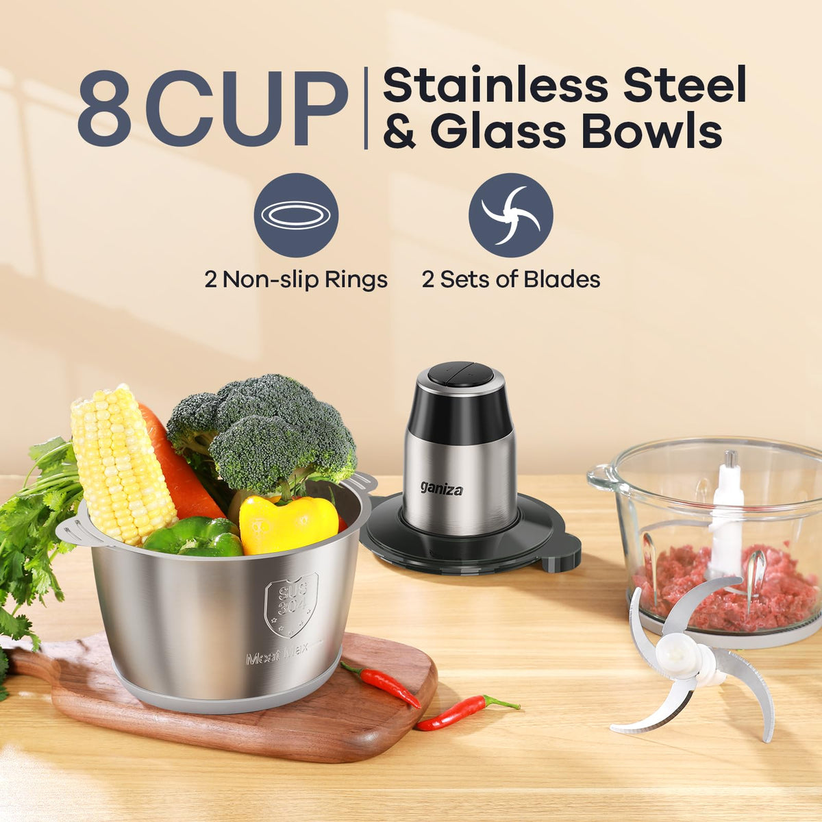 Ganiza 450W Food Processor & Vegetable Chopper with 2 Bowls