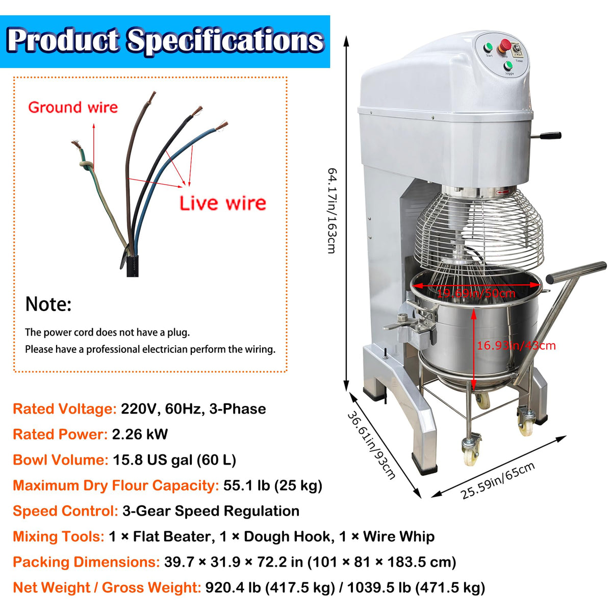DINENOVATE 60L Commercial Stand Dough Mixer with Trolley