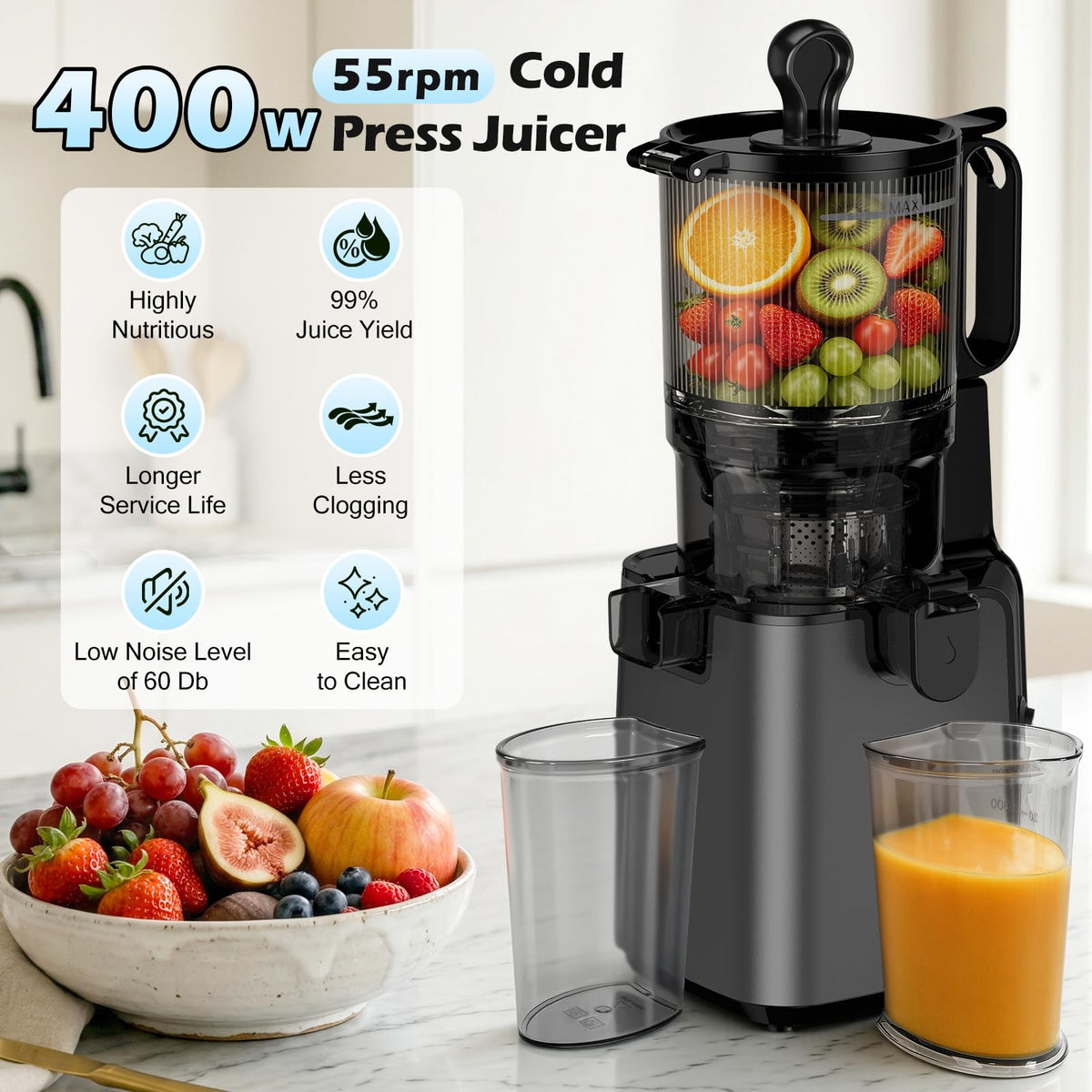 400W Cold Press Juicer with 5.8-Inch Wide Chute