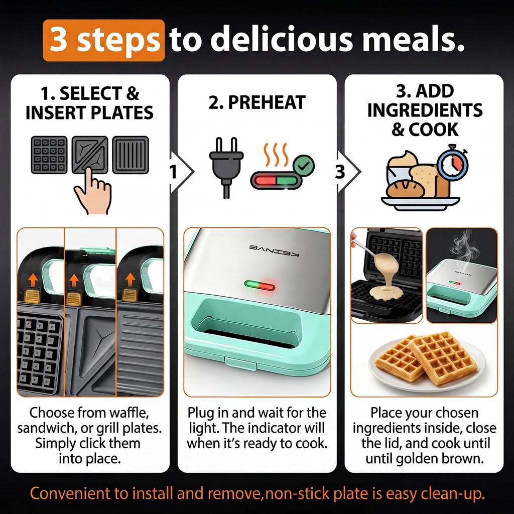 KEINVE 3-in-1 Waffle Maker with Interchangeable Plates