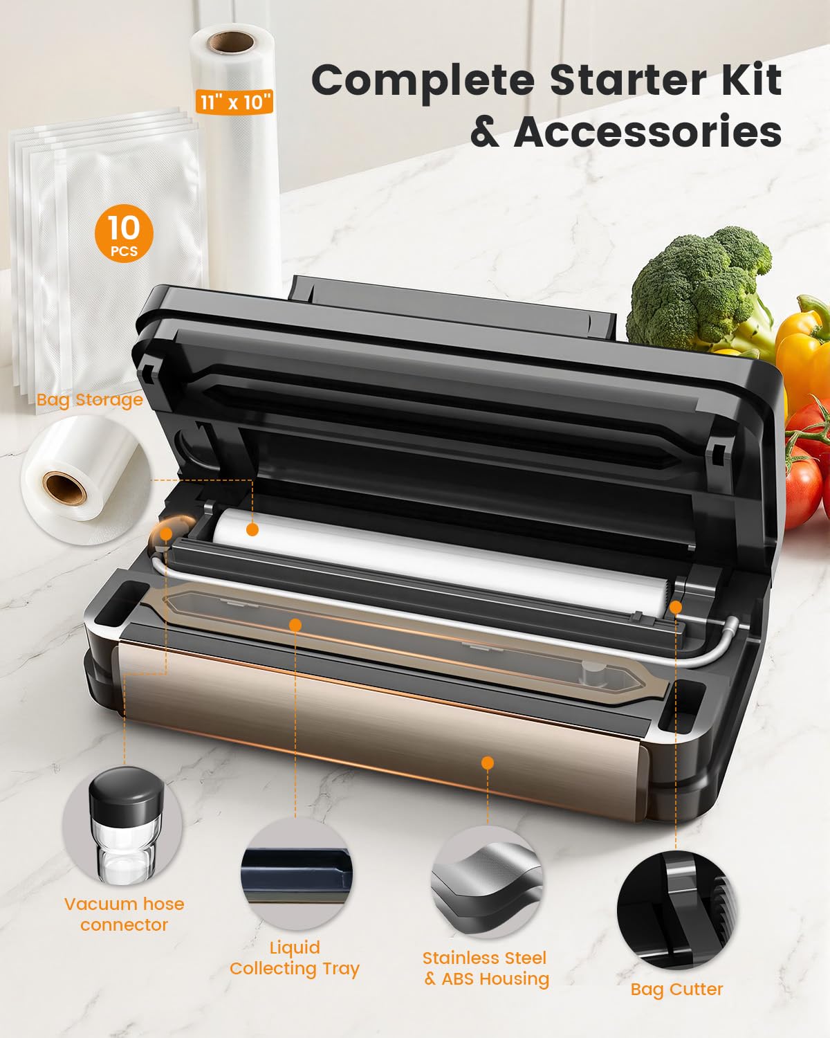 90kPa Food Vacuum Sealer with Cutter & Roll Storage