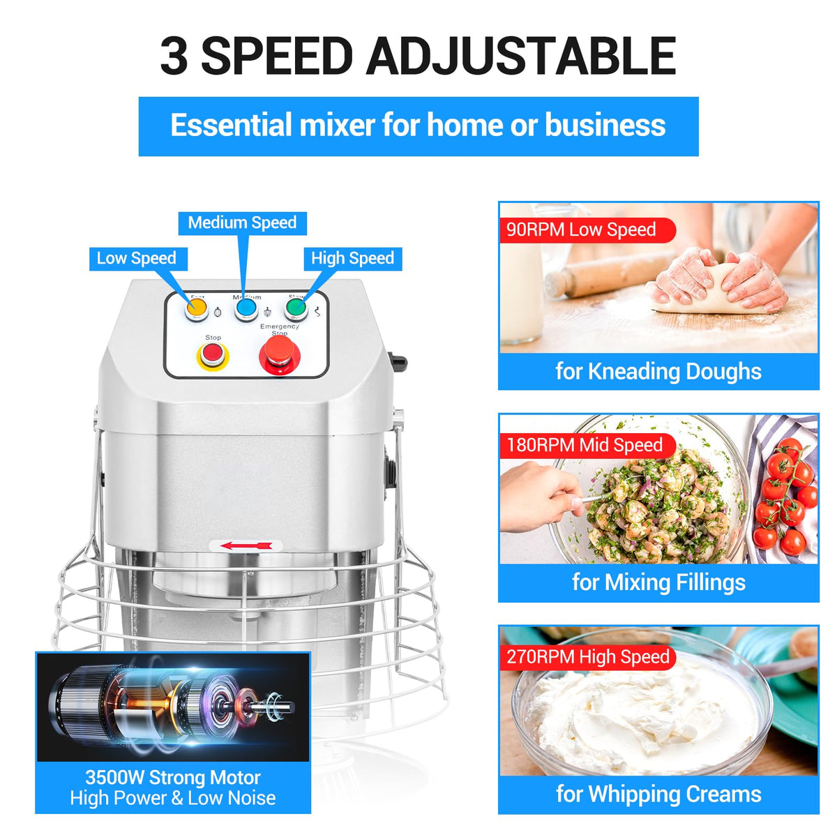 Ekway 60Qt 3500W Commercial Stand Mixer with 3 Speeds