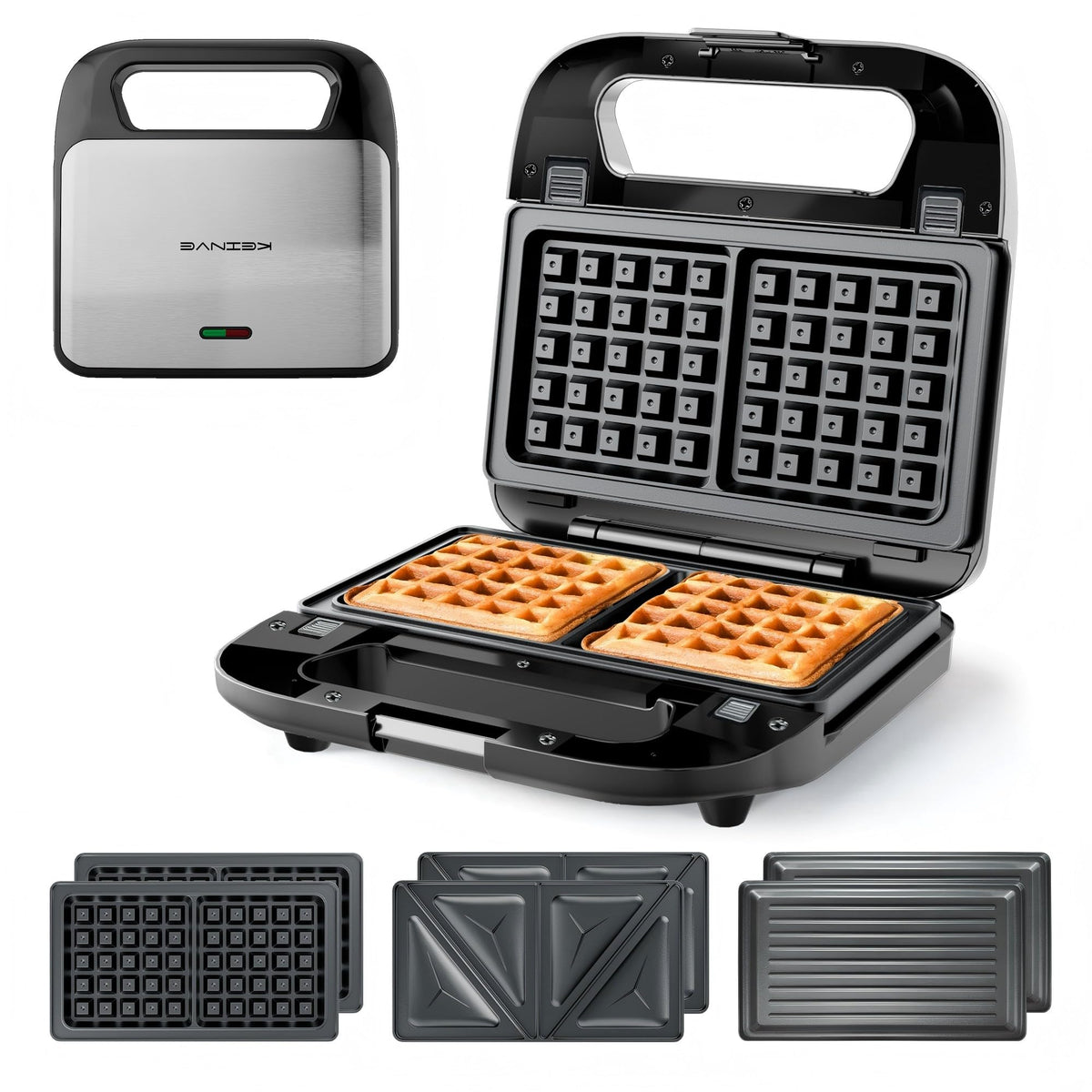 KEINVE 3-in-1 Waffle Maker with Interchangeable Plates