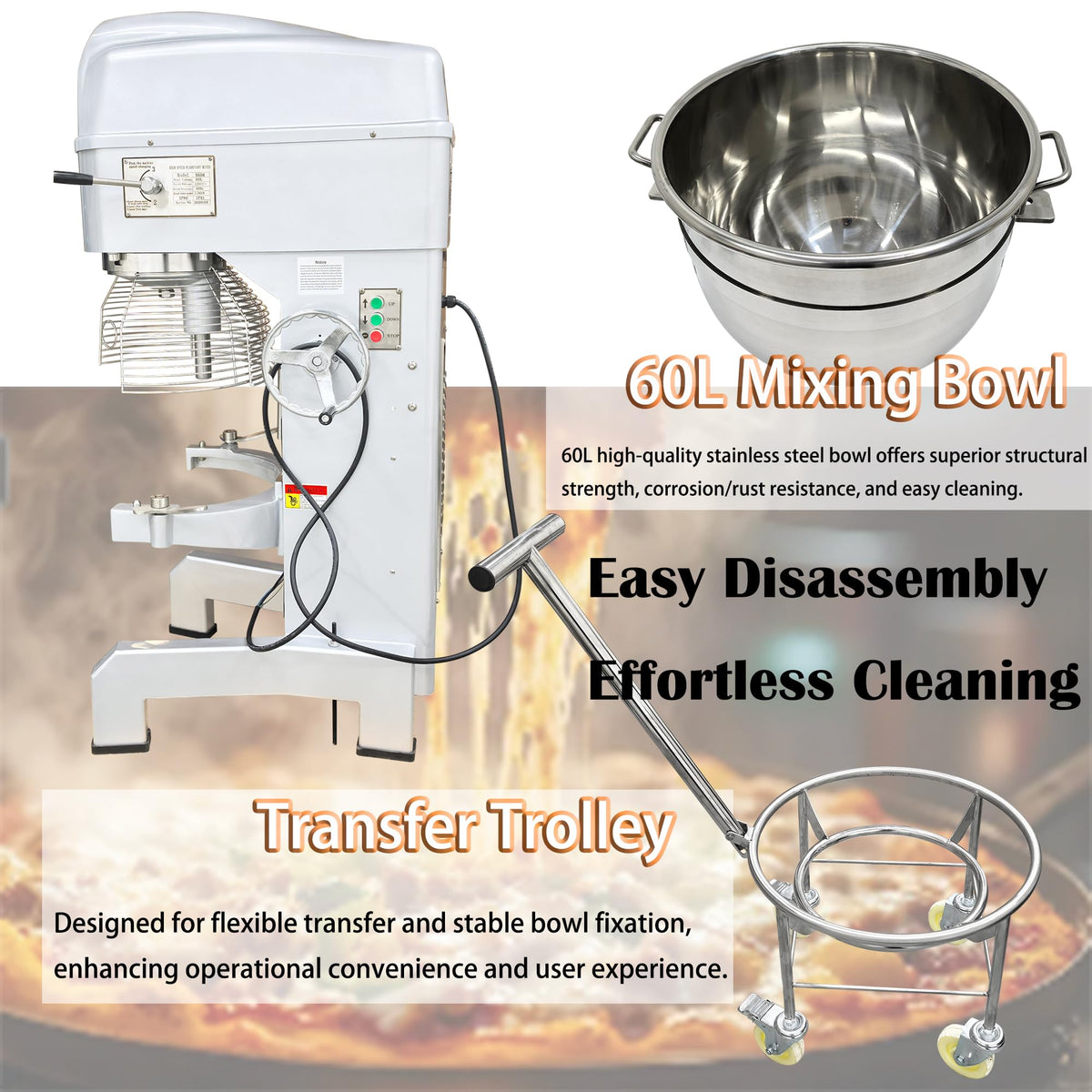 DINENOVATE 60L Commercial Stand Dough Mixer with Trolley