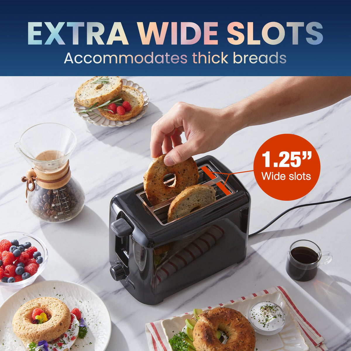 Elite Gourmet 2-Slice Cool Touch Toaster – 6 Browning Levels, Extra Wide 1.25” Slots for Bagels & Thick Bread, Cancel Function, Compact, ETL Certified, Black