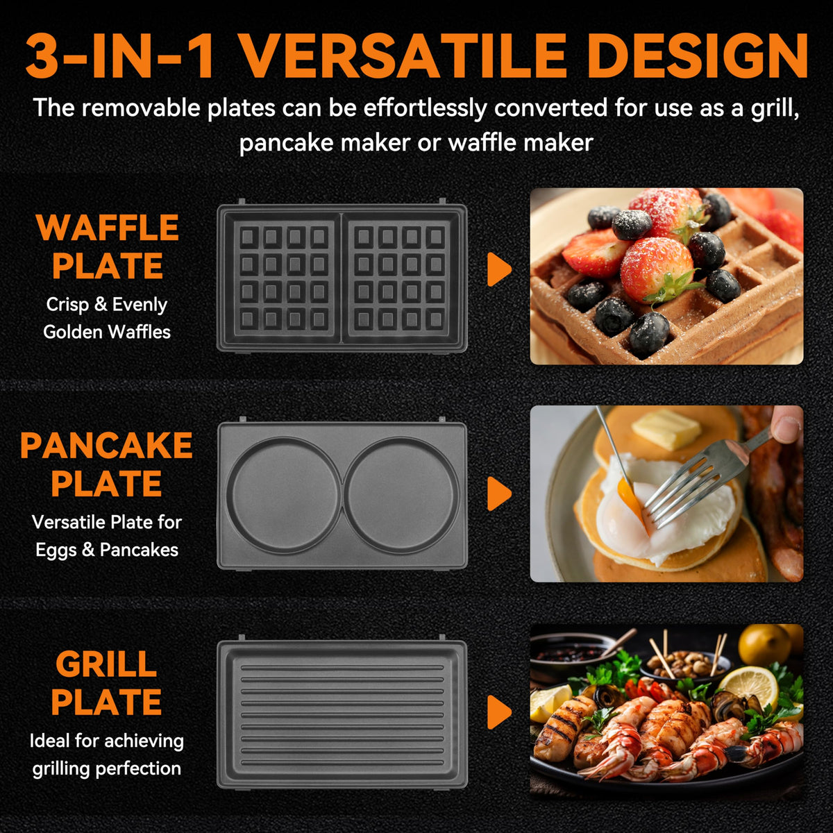 3-in-1 Waffle, Pancake & Panini Breakfast Grill Maker
